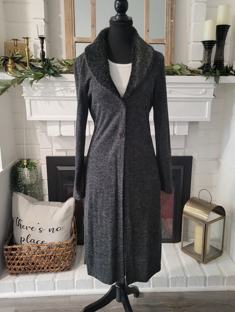 Vintage 90s Whimsigoth Long Charcoal Gray Button-Front Faux Fur Collar Cardigan - Picture 2 of 9